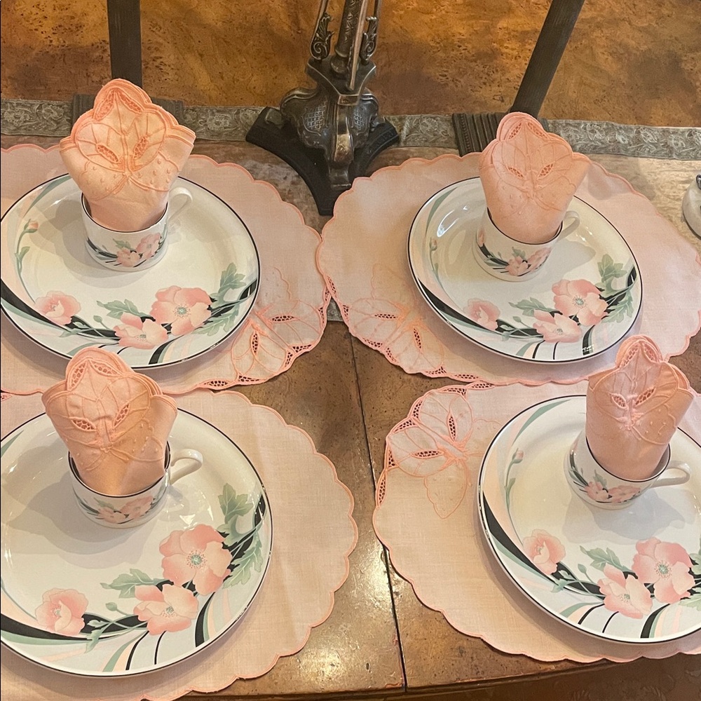 Sango Pink Floral Ceramic Dinnerware Set with Green Leaf Accents